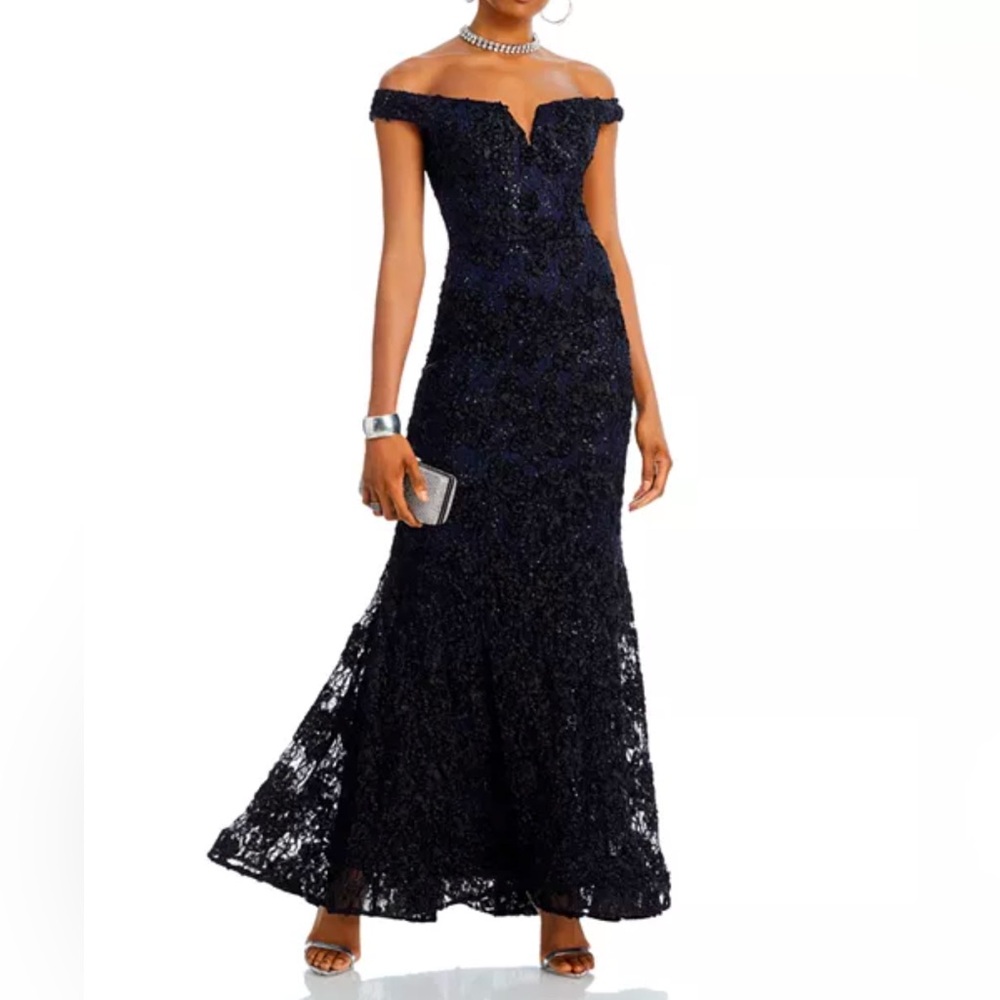 NWT AQUA Off-the-Shoulder Embellished Lace Gown -Bloomingdales Exclusive